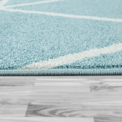 Produktbild von Teppich Wohnzimmer Skaninavisches Rauten Design Weich Pastellfarben Blau Weiß Grösse 70x250 cm
