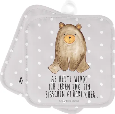 Produktbild von Mr. & Mrs. Panda Topflappen Bär sitzend - Grau Pastell - Geschenk, Topfuntersetzer, Set, Kochlappen, Topflappenset, Teddy, topfhalter
