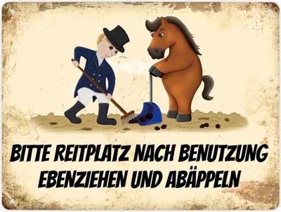 Produktbild von Metallschild XL mit Pferd und Reiter Motiv und Spruch: Bitte Reitplatz nach