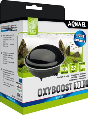 The image shows the retail packaging for an Aquael OXYBOOST 100 Plus aquarium air pump.