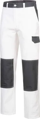 A pair of white work pants with gray knee patches and a gray waistband.