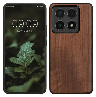Produktbild von kwmobile Handyhülle für Xiaomi 14T Pro Hülle Holz - Case mit TPU Bumper - Stoßfestes Hardcase - Schutzhülle Cover in Dunkelbraun