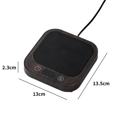 A square-shaped coffee mug warmer with a dark wood-grain pattern and a black heating surface, shown from a slightly elevated angle.