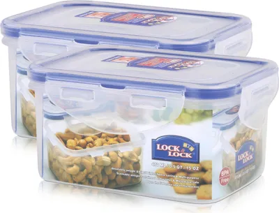 Two Lock&Lock food storage containers are shown side-by-side against a white background. The front container is partially filled with nuts.