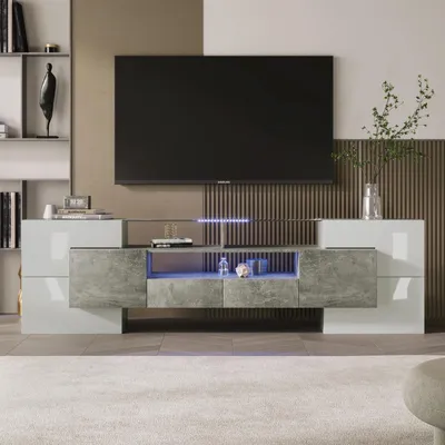 Obrázok produktu pre Štýlový TV stolík – TV skrinka – 200 cm – LED osvetlenie – škandinávsky dizajn – sivá