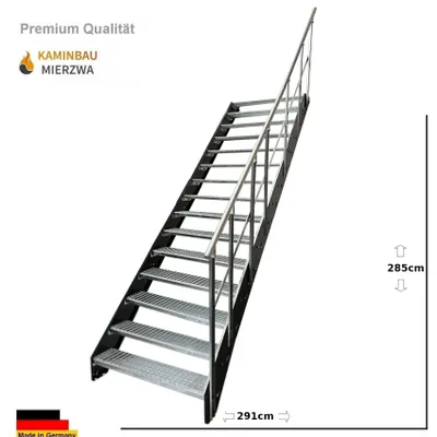 Obrázok produktu pre Stringerové schodisko Oceľové schodisko Mriežkované stupne 15 stupňov so zábradlím vpravo Pozinkované a stringerové schodisko v antracitovej farbe RAL 7016 (Š x V x H) 100 x 285 x 291 cm