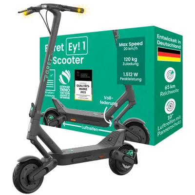 Produktbild von EGRET E-Scooter mit Straßenzulassung (ABE), 65 km Reichweite, 10" Luftreifen, 2x Federung, Blinker, 1.512 W Motor, 120 kg Traglast, App – Ey! 1