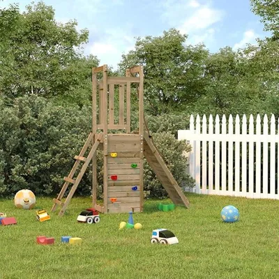 Produktbild von Spielturm aus kesseldruckimprägniertem Kiefernholz, Klettergeruest mit Rutsche, Sandkasten, Kletterwand und Leiter für Garten, Terrasse, Hausspielplatz für Kinder 3 bis 8 Jahre