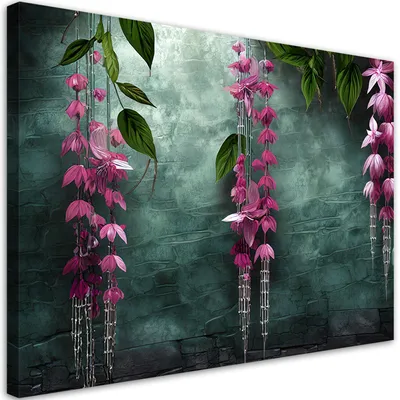 Produktbild von Leinwandbild Hängende Blätter und Blumen auf grünem Hintergrund 60x40 Feeby Grün bild für die wand bereit zum aufhängen