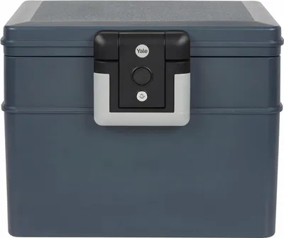 A front view of a closed Yale fire and water resistant safe box.