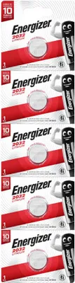 A vertical stack of Energizer CR2032 lithium coin cell battery packages.