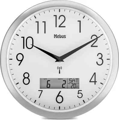 Produktbild von Mebus Analoge Funk-Wanduhr 29cm groß | Leicht lesbar & lautlos | Runde Funkuhr ohne Tickgeräusche & großem Ziffernblatt | Uhr geräuschlos in Silber
