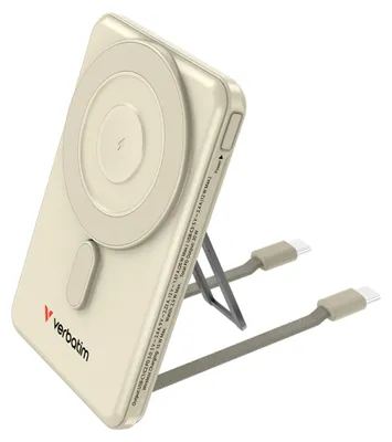 Image de Batterie externe Verbatim C'n'G Magnétique, 5 000 mAh, 15 W, Charge sans fil, Support, 2 câbles USB-C Doré