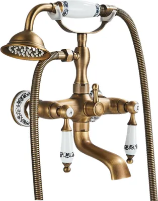 Immagine prodotto di Rubinetto a parete retrò per vasca da bagno - Ottone, cartuccia in Vetroceramica, bocca di erogazione orientabile, doccetta, stile vintage (ottone/Vetroceramica)
