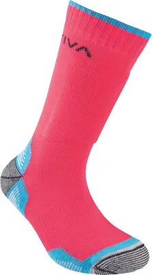 Rosa Kinderbergsocken von La Sportiva mit blauen Akzenten und grauen Details.