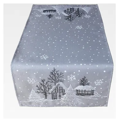 Produktbild von Tischläufer mit Stickerei Winterdorf Tanne Weihnachten weiß Deko Weihnachtstischdecke (hellgrau-weiß, 40 x 85 cm)