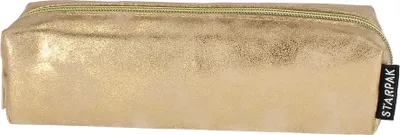 A gold pencil case with a zipper and a black tag with white text.