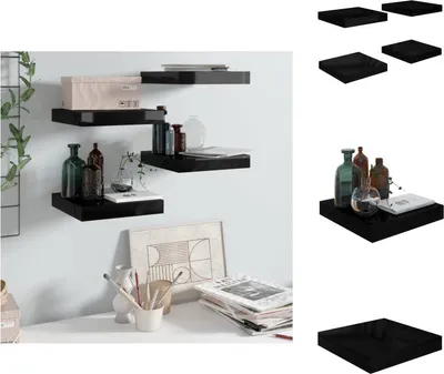 Obrázok produktu pre vidaXL Plávajúce police 4 ks. Vysoko lesklá čierna 23x23,5x3,8 cm MDF - Nástenné police