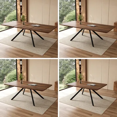 Zdjęcie produktu dla Rozkładany stół jadalny o wymiarach 160/200/240 x 90 cm, z możliwością rozłożenia na 3 poziomach, blat wykonany z MDF, wzmocnione prowadnice do dużych obciążeń, metalowe nogi, przeznaczony dla 6-10 osób, udźwig do 100 kg, kolor orzech