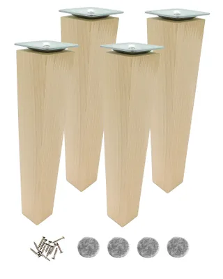 Four wooden furniture legs with metal plates on top, along with screws and felt pads.