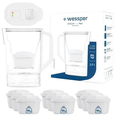 Zdjęcie produktu dla Dzbanek filtrujący wodę Wessper D3 SLIM FutureFlow™ o pojemności 2,7 litra, w kolorze białym, z wskaźnikiem filtra i 10 sztukami wkładów filtrujących