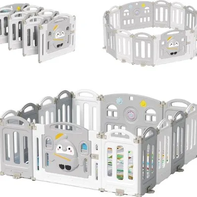 Obrázek produktu pro Dětská herna – skládací hřiště – 150 x 150 x 63 cm – 14 panelů – s hrací podložkou a přehrávačem pohádek – protiskluzová úprava – herna – hřiště pro děti od 0 do 6 let – šedá – pro vnitřní i venkovní použití
