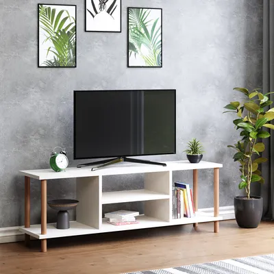 Produktbild von TV Schrank Ærøskøbing mit 2 Ablagefächern TV Bank 43 x 120 x 29 cm Fernsehtisch mit 2 Staufächern Lowboard TV Möbel Fernsehschrank Weiß