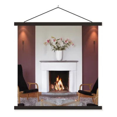 Produktbild von MuchoWow® Textilposter Ein Kamin in einem Wohnzimmer 120x120 cm mit schwarzem Rahmen - Aufhängungsset