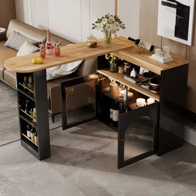 Produktbild von Ausziehbarer Bartisch 138-193x39x105cm Esstisch Stauraum Stehtisch Bistrotisch 1m langem LED Lichtstreifen Einstellbare Lichtfarbe Schwarz