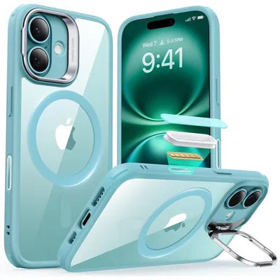 Image de Coque de protection pour iPhone 16 avec MagSafe, support intégré, protection de l'appareil photo, couleur vert transparent