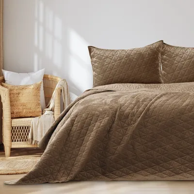 Produktbild von Tagesdecke Bettüberwurf Ultrasonic zweiseitge Steppung Samt 260 x 280 cm - Creme-Braun