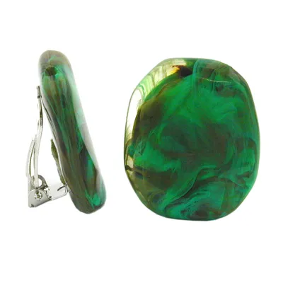 Produktbild von Clip Ohrring 28x23mm Kiesel grün-khaki-braun-marmoriert glänzend Kunststoff-Bouton grün 28x23mm