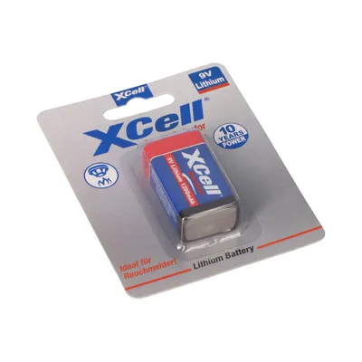 A 9V lithium battery in its retail packaging.