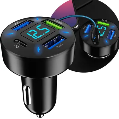 Produktbild von Beleuchtetes 4 Port Auto USB-Ladegerät, (50 Watt), matt-schwarz, Spannungsanzeige, 1x USB-C & 3x USB-A , Kfz Zigarettenanzünder Schnellladestecker