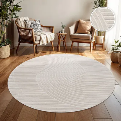 Produktbild von TT Home In-& Outdoorteppich Wetterfest Balkon Schlafzimmer Boho Skandi Motiv Unifarben Geometrische Optik Moderner Style Größe 120 cm Rund