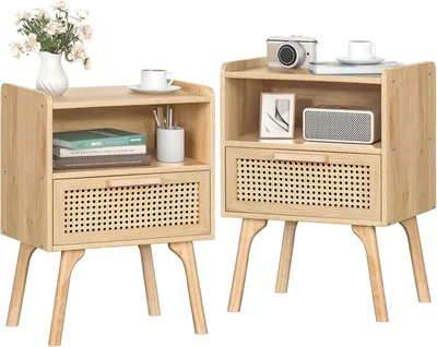 Productafbeelding van Nachtkastje set, riet, boho-stijl, hout, slaapkamer, bijzettafeltje, massief hout