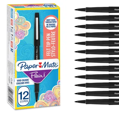 Image de Stylos feutres Paper Mate Flair, pointe moyenne, lot de 12, couleur noire