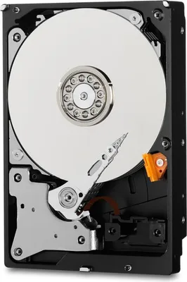 An open hard disk drive is shown against a black background.