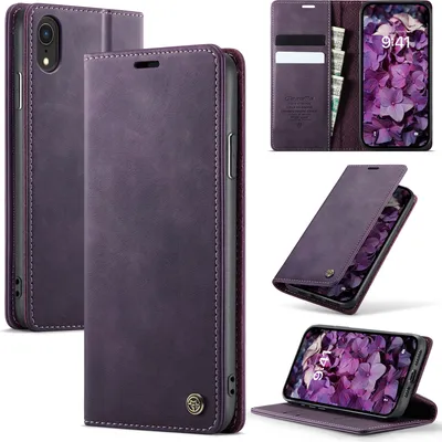 Image de Étui en cuir pour iPhone XR, protection RFID, fermeture magnétique, fentes pour cartes et fonction stand Violet