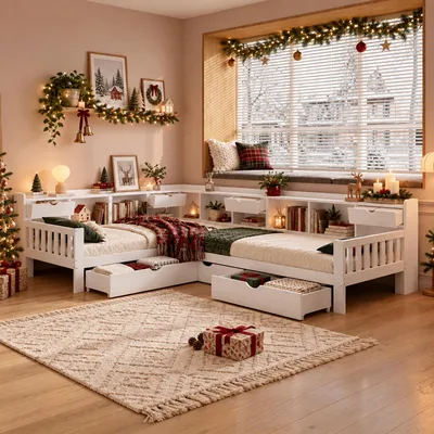 Produktbild von L-förmiges Kinderbett mit zwei Schlafplätzen 90 x 200 cm, weißes Holzbett mit Stauraum