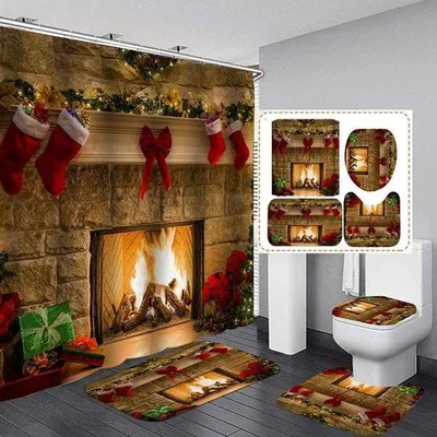 Immagine prodotto di Set da bagno natalizio da 4 pezzi – Motivo con albero di Natale e fiocchi natalizi – Tenda da doccia impermeabile + 2 tappetini da bagno + accessori da bagno – Decorazioni festive per il bagno a tema natalizio