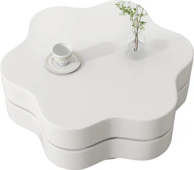 Zdjęcie produktu dla Fortuna Lai 74,8*67,5*31 cm stolik kawowy w kształcie kwiatu, blat obrotowy o 360°, obrotowy stolik do salonu, dwupoziomowy stolik do sofy, 2 półki, całkowita zalecana nośność 30 kg, MDF, kremowo-biały