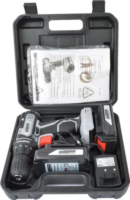 A cordless drill and its accessories are neatly arranged inside a black carrying case.