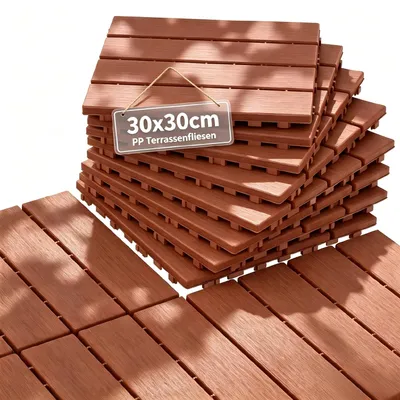 Produktbild von ACXIN Kunststoff‑Steckfliesen 30x30cm Muster 1 Braun‑Rot, PE‑Holzoptik flammhemmend reißfest hohe Tragfähigkeit 11 Stück für 1 m² Fläche