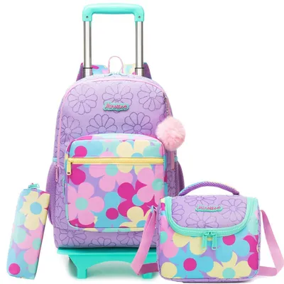 Produktbild von Schulranzen Trolley Mädchen Lila Blumen 3-in-1 Set mit Lunchbag & Federmäppchen