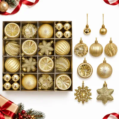 40er Set Weihnachtskugeln, Kunststoff, Gold, 6 cm, unzerbrechlich