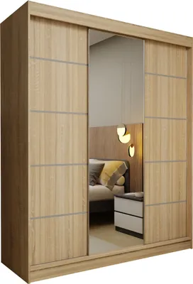 Produktbild von Masseno Schiebetürenschrank MIRELLA 180 cm Kleiderschrank Schlafzimmer Schrank 3-türig mit Spiegel Sonoma Eiche