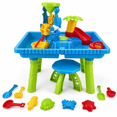 Immagine prodotto di Relaxdays, tavolo da gioco con acqua, 2 scomparti, molti accessori, dimensioni: 76x57x37 cm, stazione di gioco per acqua e sabbia, plastica, colorato, Immagine generata dall'IA