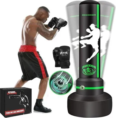 Productafbeelding van Famanu Bokszakset met standaard - Zware bokszak (180 cm) voor volwassenen - zelfopblazend - geschikt voor MMA, Muay Thai en fitness training
