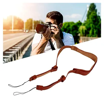 Produktbild von Kameragurt aus braunem Leder mit verstellbarer Länge für die Fotografie im Freien